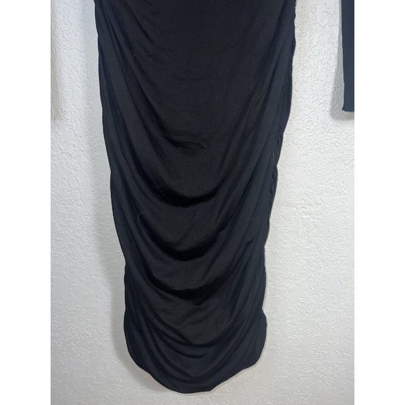 GOOD American Dress Size 3 Large Black Midi Slinky Ruched Jersey Long Sleeve T - Picture 12 of 13